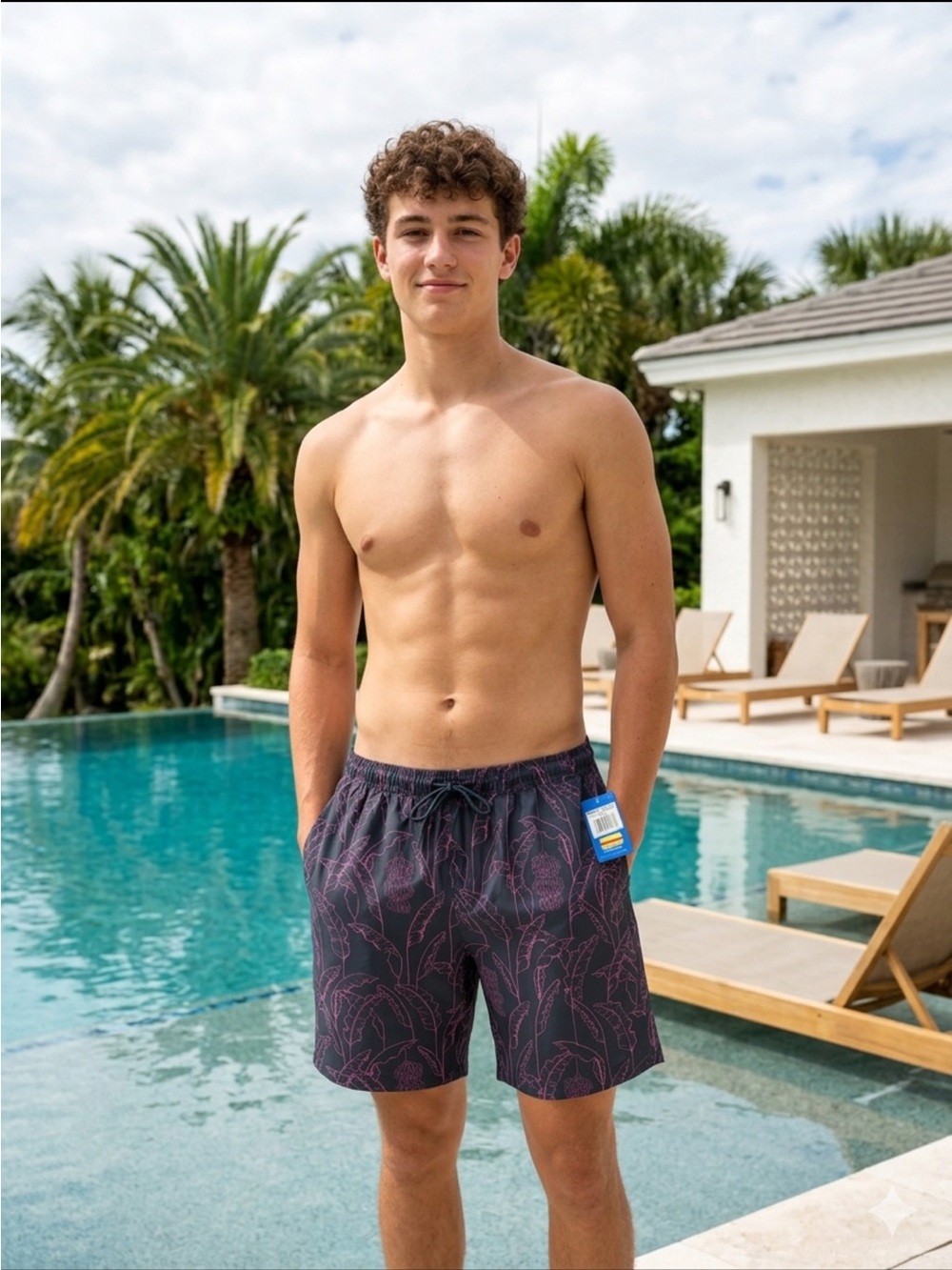 Hurley Black Swim Trunks with Pink Leaf Print